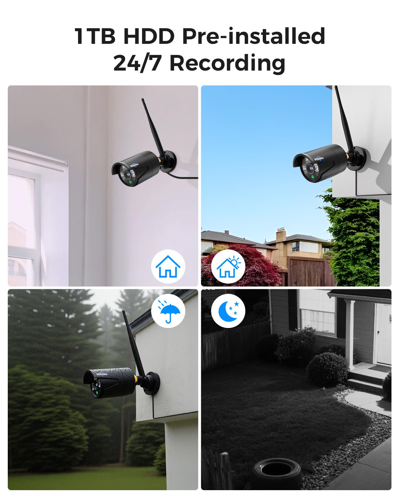 Hiseeu Home Security Camera System, 24/7 Recording Wired Plug-in Powered 4Pcs 5MP Outdoor Cameras, 10.1" LCD 16CH 8MP NVR&Monitor, One-Way Audio, Motion Detection, 1TB HDD, 2.4G/5G Wireless WiFi Pro