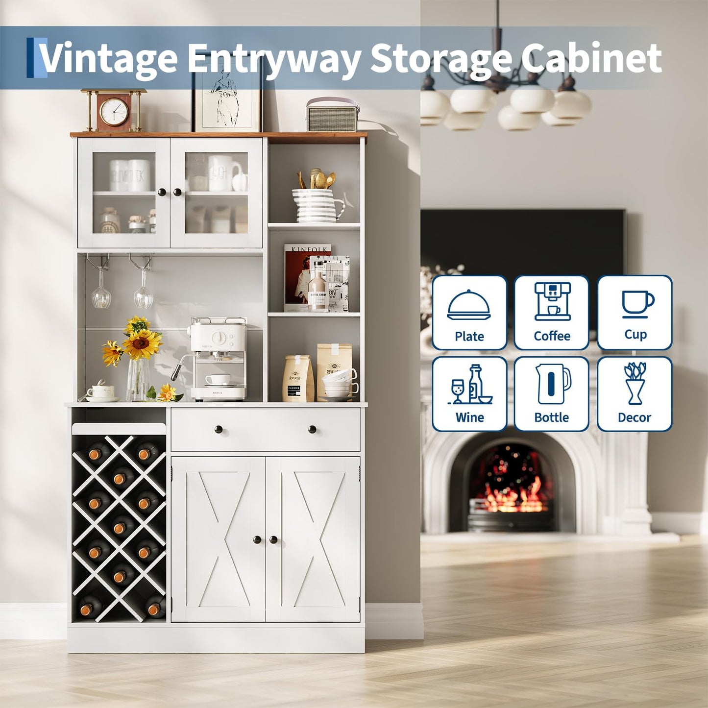 Hetoy 72" Tall Kitchen Pantry Cabinet with Power Outlet – Barn Doors, Wine Bottle Rack & Ample Storage – Modern Sideboard Buffet for Dining Room, Kitchen, or Home Bar