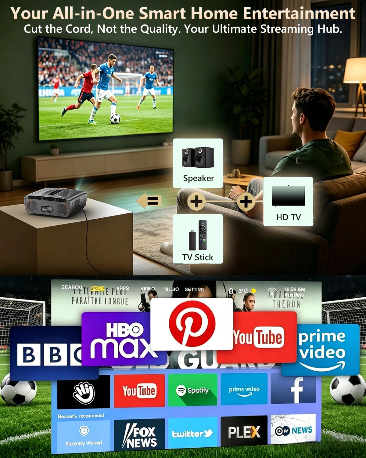 Daylight Projector 4K Ultra HD 2300 High ANSI Smart Home Theater with WiFi 6, Bluetooth, NFC, Streaming Apps, Bright Daytime Proyector, HDR10+, Auto Focus, HDMI 2.1 ARC USB for Movie Video Gaming