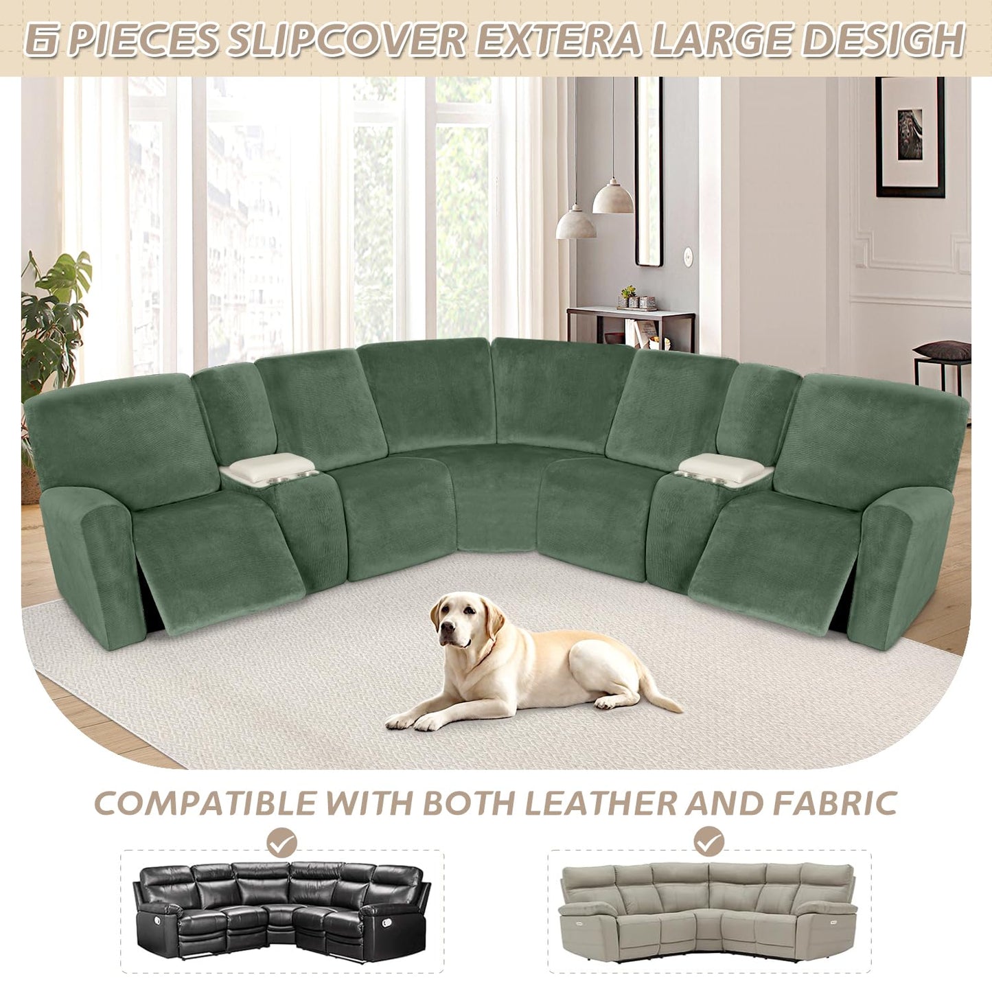 Arfntevss Sectional Recliner Couch Covers Velvet Washable Corner Sectional Sofa Cover for Reclining Stretch Soft Thick L Shape Recliner Slipcover Set (5 Seat with 2 Console Cover, Grayish Green)