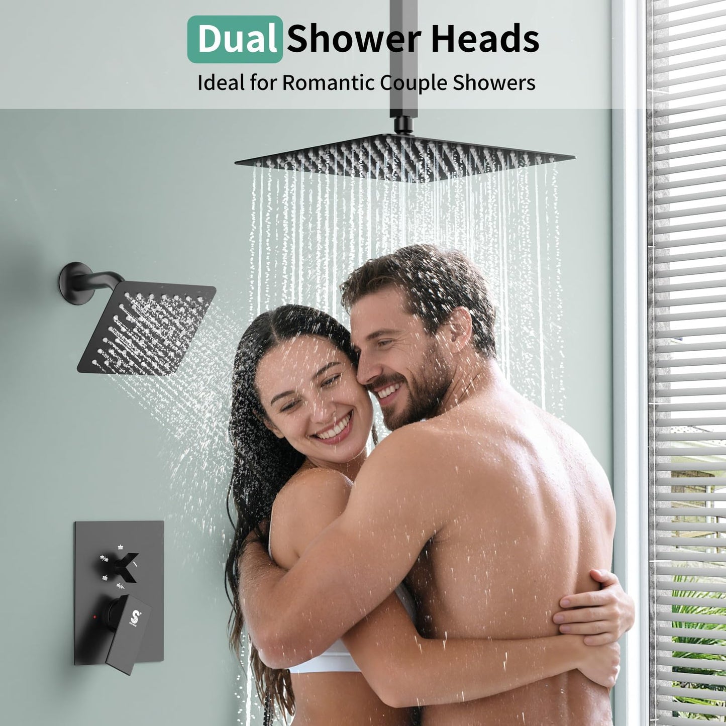 Shower Faucet Set Shower System - SR SUN RISE Matte Black Shower Trim Kit with Dual Shower Head, 12'' Ceiling Rainfall 6'' Wall Mount with Handheld Shower for Couples, Complete 6 Diverter Valve