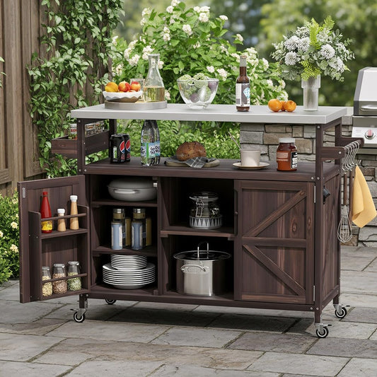 Merax 50" Outdoor Kitchen Grill Cart Island on Wheels with Stainless Steel Top,Farmhouse Style Solid Wood Frame Storage Cabinet for Backyard