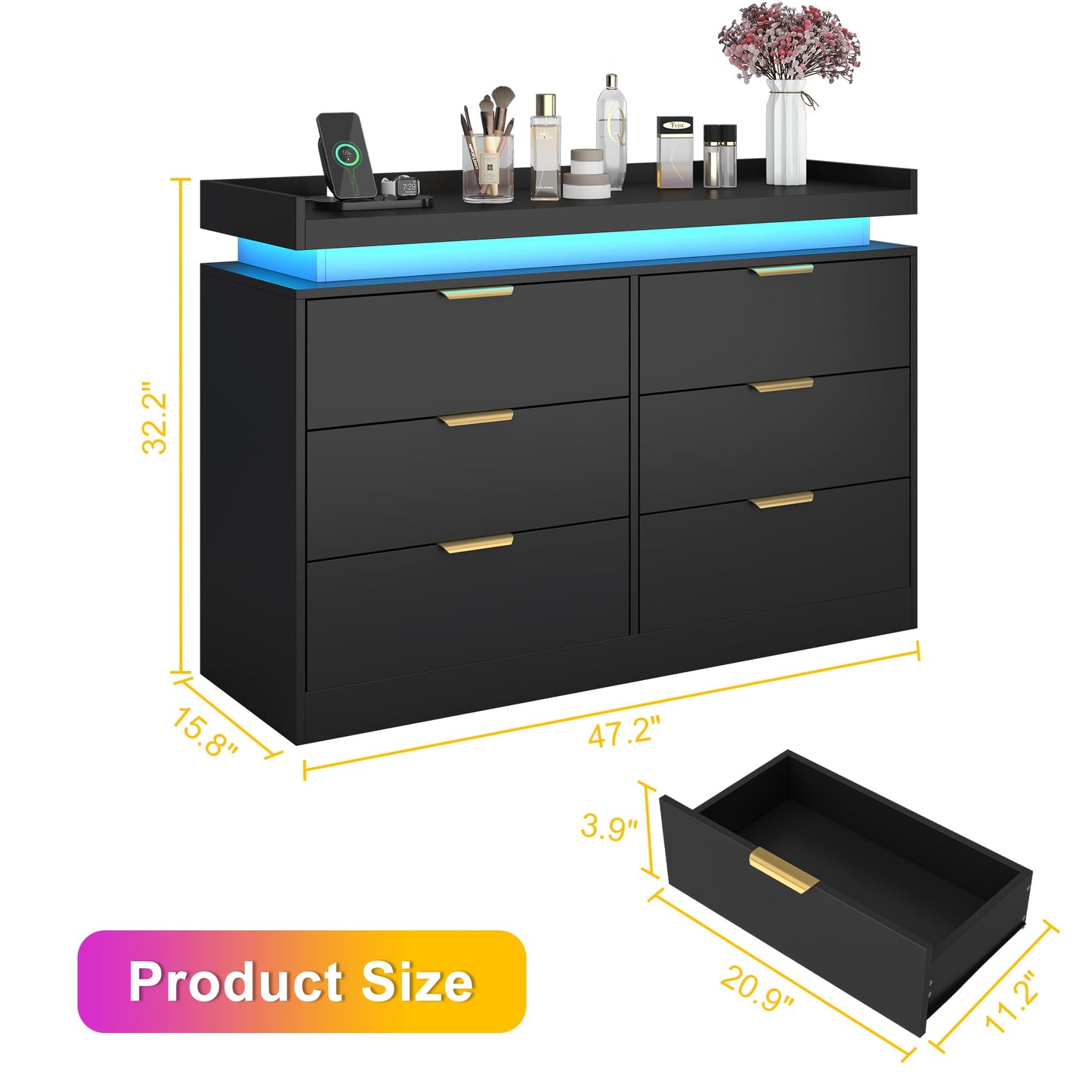 6 Drawer Dresser for Bedroom, Black Dresser with LED Lights and Power Outlet, Modern Chest of Drawers for Closet, Double Wide Drawer Organizer Cabinet for Bedroom, Living Room, Entryway, Hallway