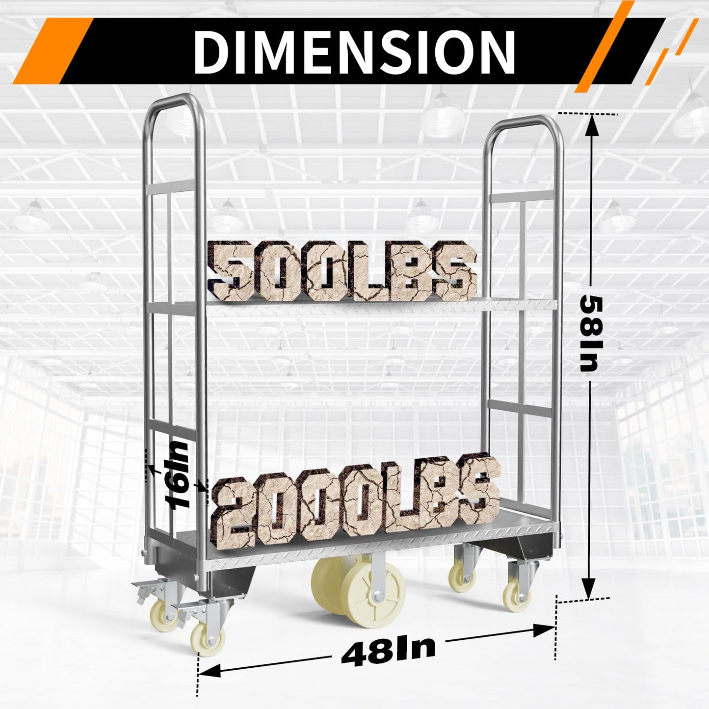 Two Tier U-Boat Platform Truck Cart, 16 x 48Inch Narrow Aisle Flatbed Truck w/6PCS Wheel Caster 2500LBS Weight Capacity Heavy Duty Platform Dolly with Removable Handles for Warehouse, Storage Room