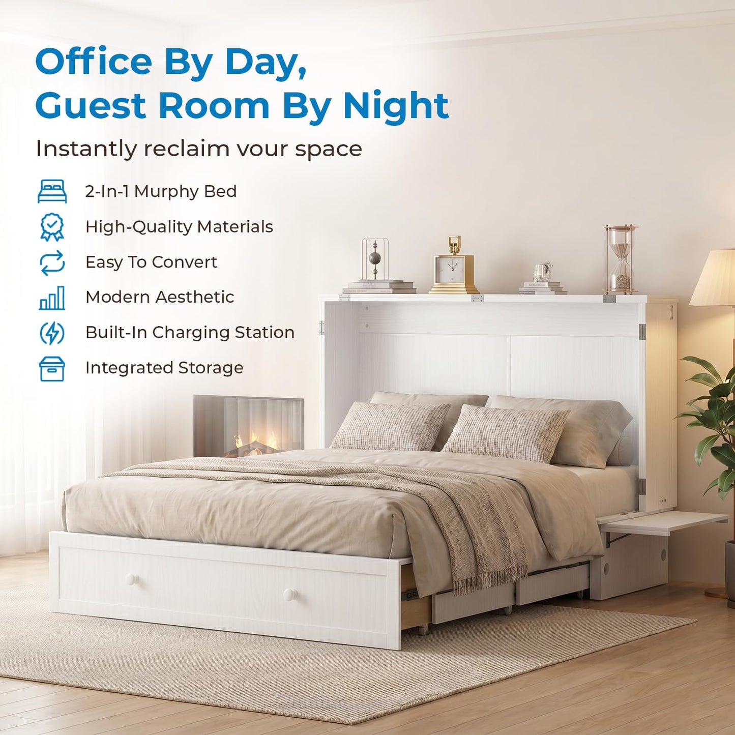 Mjkone Murphy Bed Cabinet Queen with Tri-Fold Mattress Included & USB Charging Station, Modern Versatile Solid Wood Chest Cabinet Wall Bed with Drawers, Adult Guest Beds for Apartment Bedroom - White
