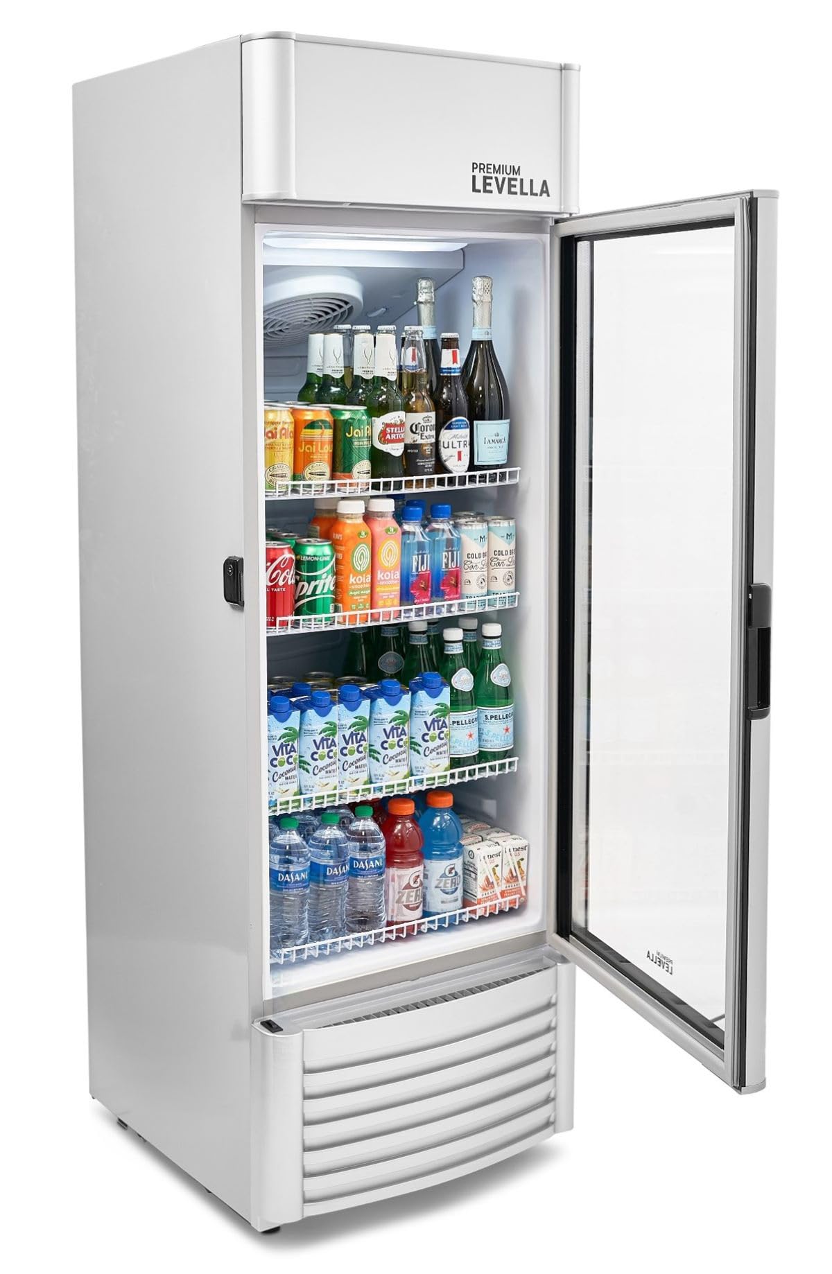 PremiumLevella PRF90DX Glass Door Display Refrigerator 9.0 cu ft Commercial Beverage Cooler Merchandiser With Customizable Lightbox - Silver