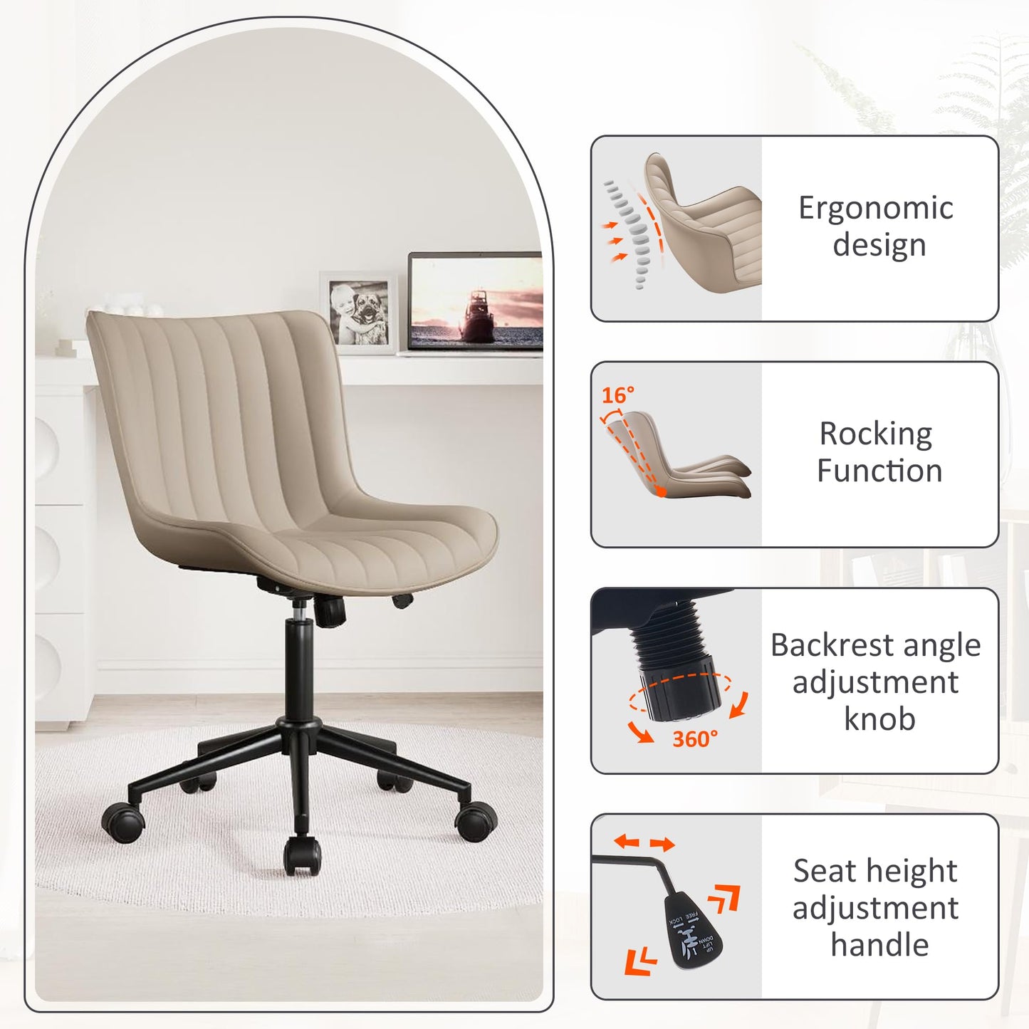 Kidol & Shellder Khaki Leather Home Office Desk Chair with Wheels Modern Cute Armless Executive Swivel Vanity Chair with Comfy Padded Back Ergonomic Rolling Adjustable Computer Task Chair Small