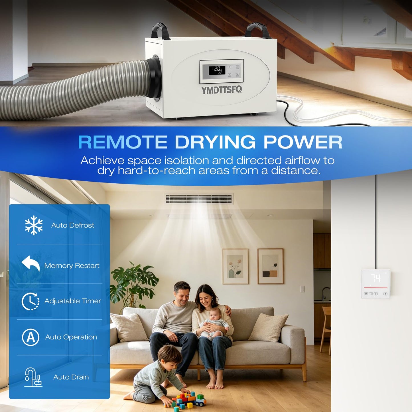 155 pint crawl space dehumidifier is suitable for basements, shopping malls, homes and industrial water damage restoration projects, App Operation with a maximum coverage area of 7,000 square feet