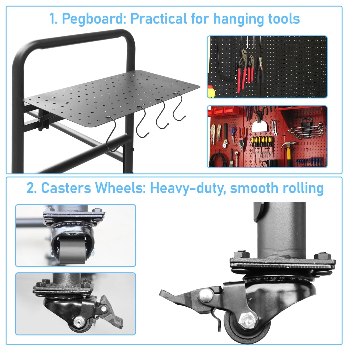 ZUIWAN Rolling Tire Rack for Garage, Adjustable Metal Tire Rack with Foldable Heavy-Duty Hole Board, 4 Self-Locking Swivel Casters, 59” Height, 660 Pound Capacity