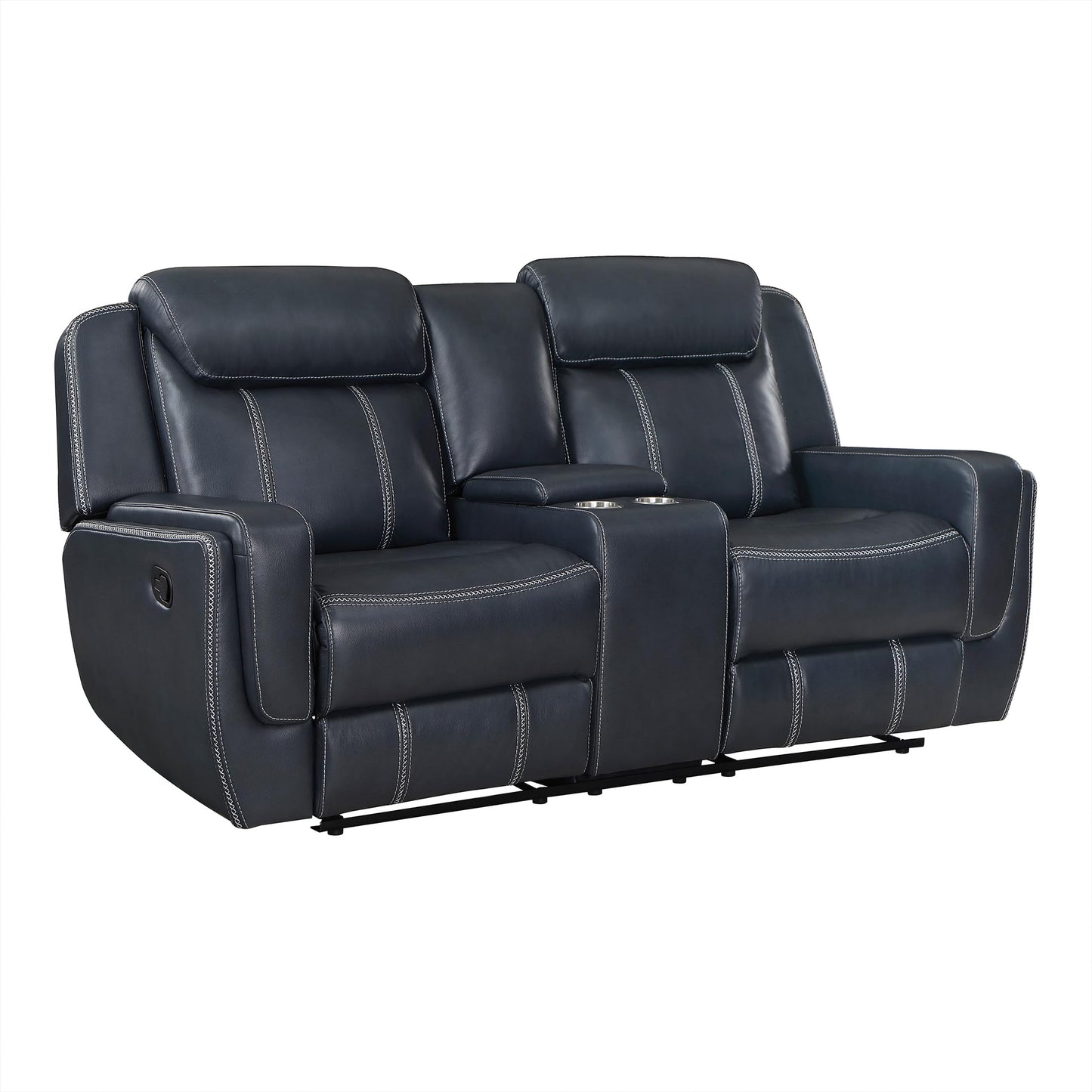 Lexicon Modern Double Reclining Loveseat, Faux Leather Recliner Loveseat with Headrest, Center Console, Receptacles and USB Ports, Manual Recliner Loveseat Sofa for Living Room/Office/Apartment, Blue