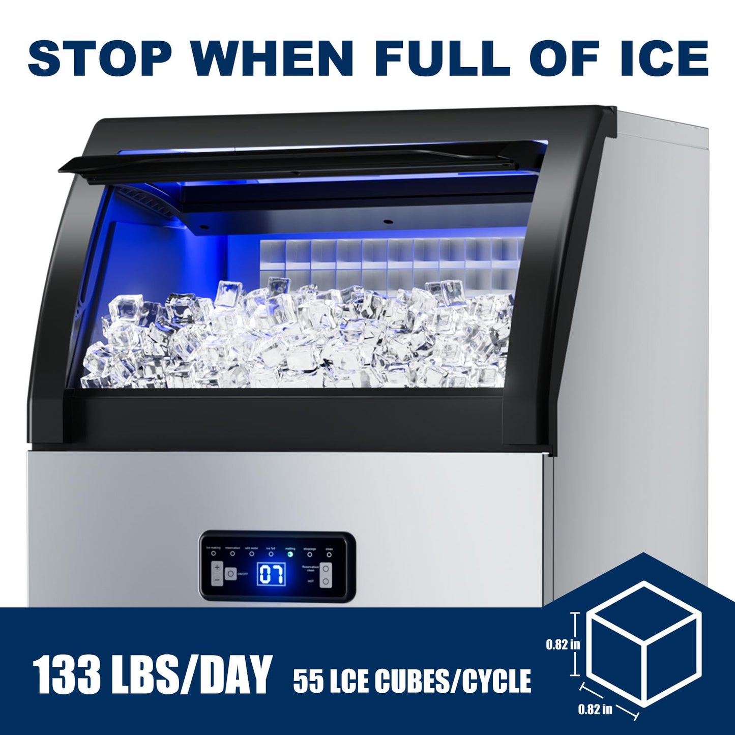 Commercial Ice Maker Machine 133 Lbs/24H Freestanding Stainless Steel Under Counter Ice Maker with 40lbs Ice Storage Capacity Scoop Water Filter Pipes for Restaurant Offices Bars Home (133Lbs/24)