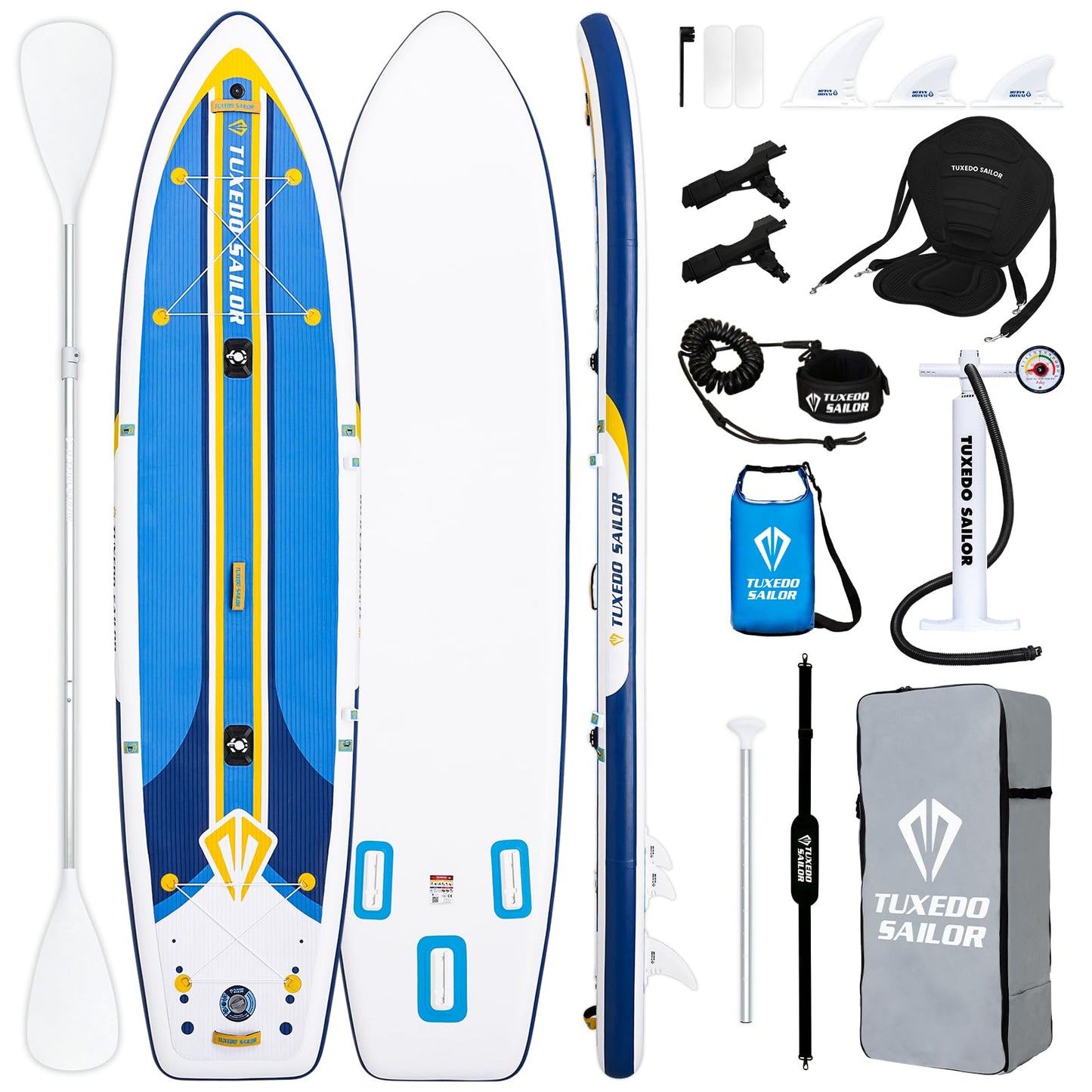 Tuxedo Sailor Large Size Inflatable Fishing Kayak 12'×34"×6" Ultra-Light Paddle Board, Stand Up Paddle Board Complete Accessories, Fishing Support Bases, Kayak Seat etc