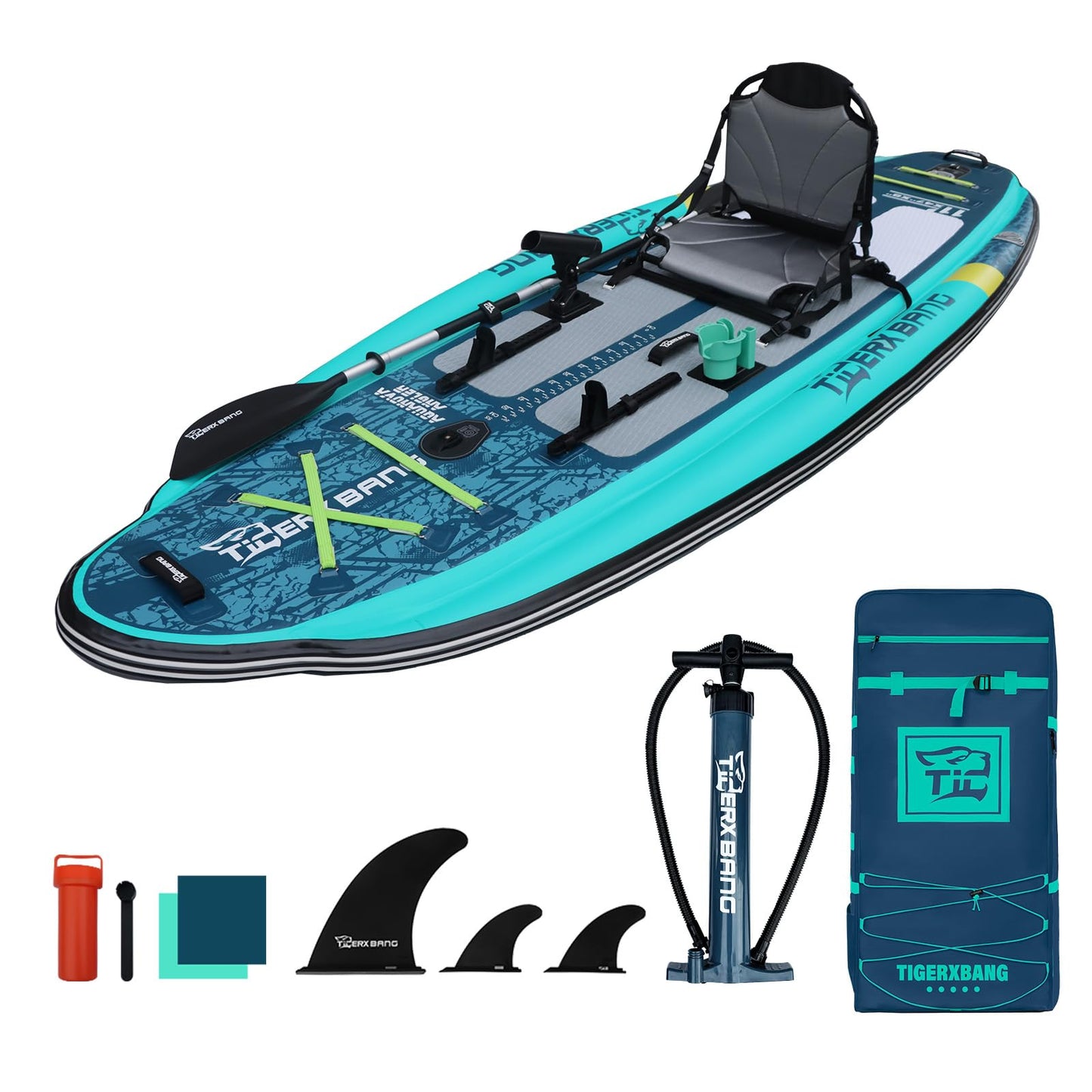 TIGERXBANG 11'x47''x8'' Inflatable Fishing Kayak, High-Performance Inflatable Kayak-Ideal for Water Fishing Activities, Equipped with Comfortable Seats and Camera Base Versatile Accessories