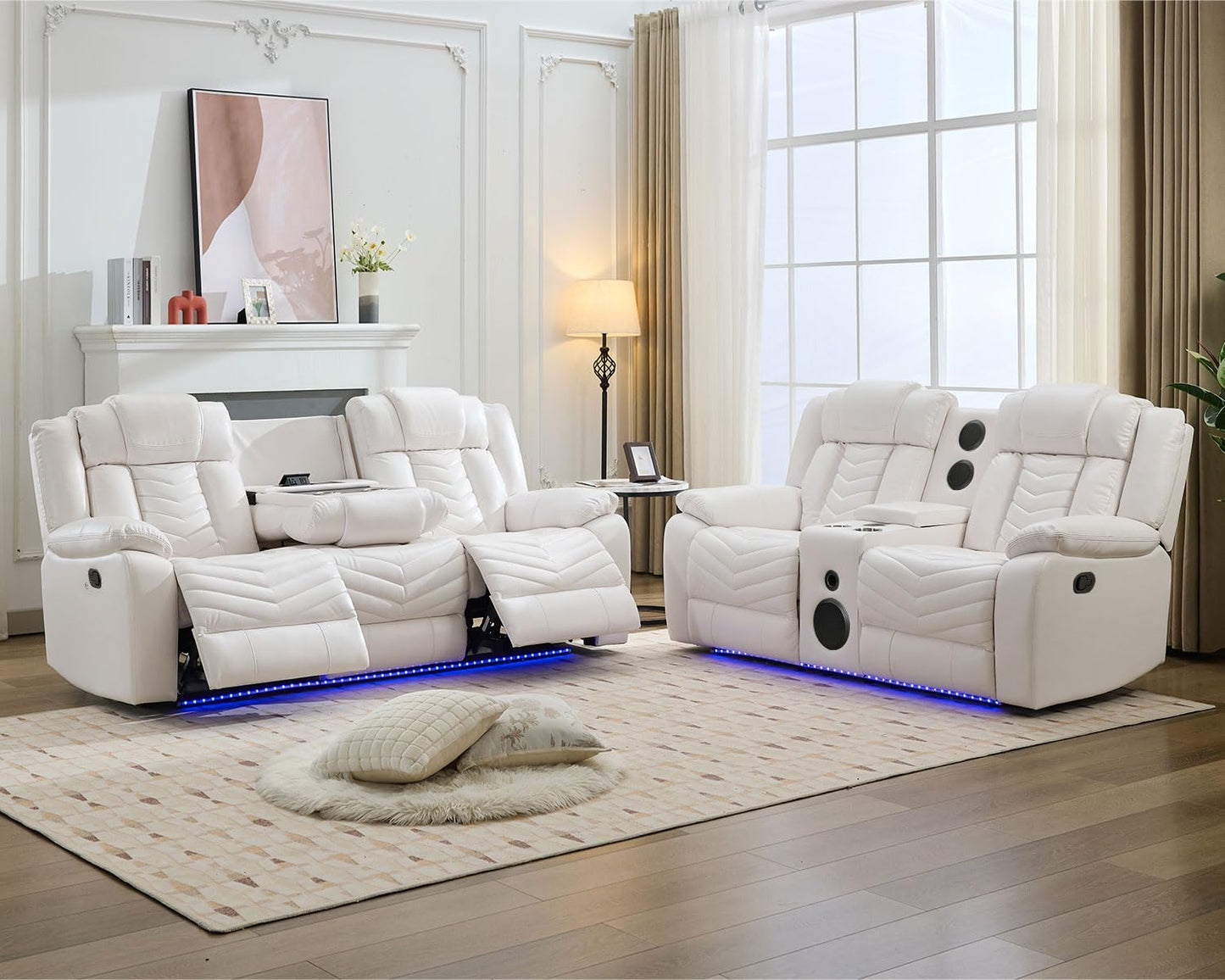 KEIKI 2-Piece Power Reclining Sofa Sets, Technical Leather Loveseat Sofa & 3 Seat Sofa, Living Room Furniture Set with Electric Recliners, Wireless Charger, Cup Holder, Storage Armrest, White