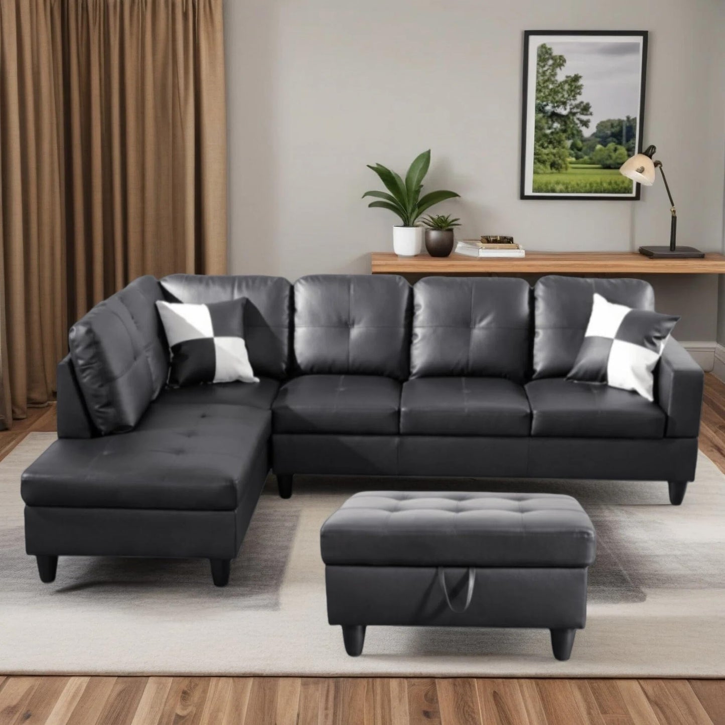Trygoal 103.5" Sectional Couches for Living Room, Leather 4 Seat L Shaped Couch with Chaise, 3-Piece Modular Sofa with Storage Ottoman, Home Furniture Sets for Apartment Office, Black