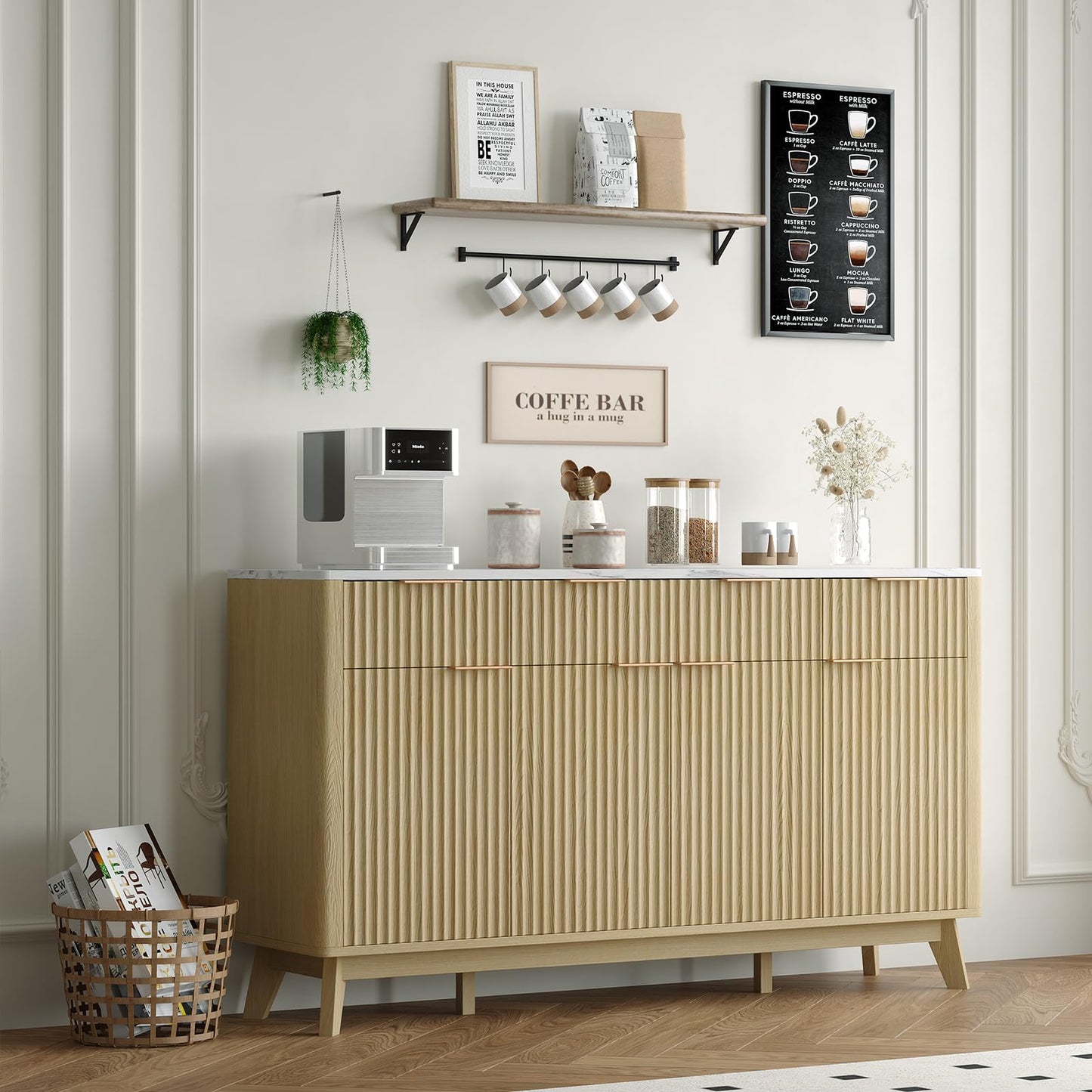 Garvee 60" Large Fluted Buffet Sideboard Cabinet with Drawers, Modern Farmhouse Buffet Storage Cabinet with Adjustable Shelves and Doors, Wood Coffee Bar Station Kitchen Console Table for Dining Room