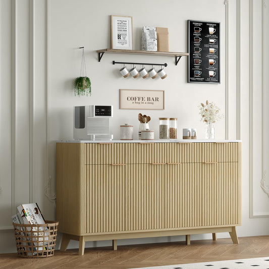 Garvee 60" Large Fluted Buffet Sideboard Cabinet with Drawers, Modern Farmhouse Buffet Storage Cabinet with Adjustable Shelves and Doors, Wood Coffee Bar Station Kitchen Console Table for Dining Room