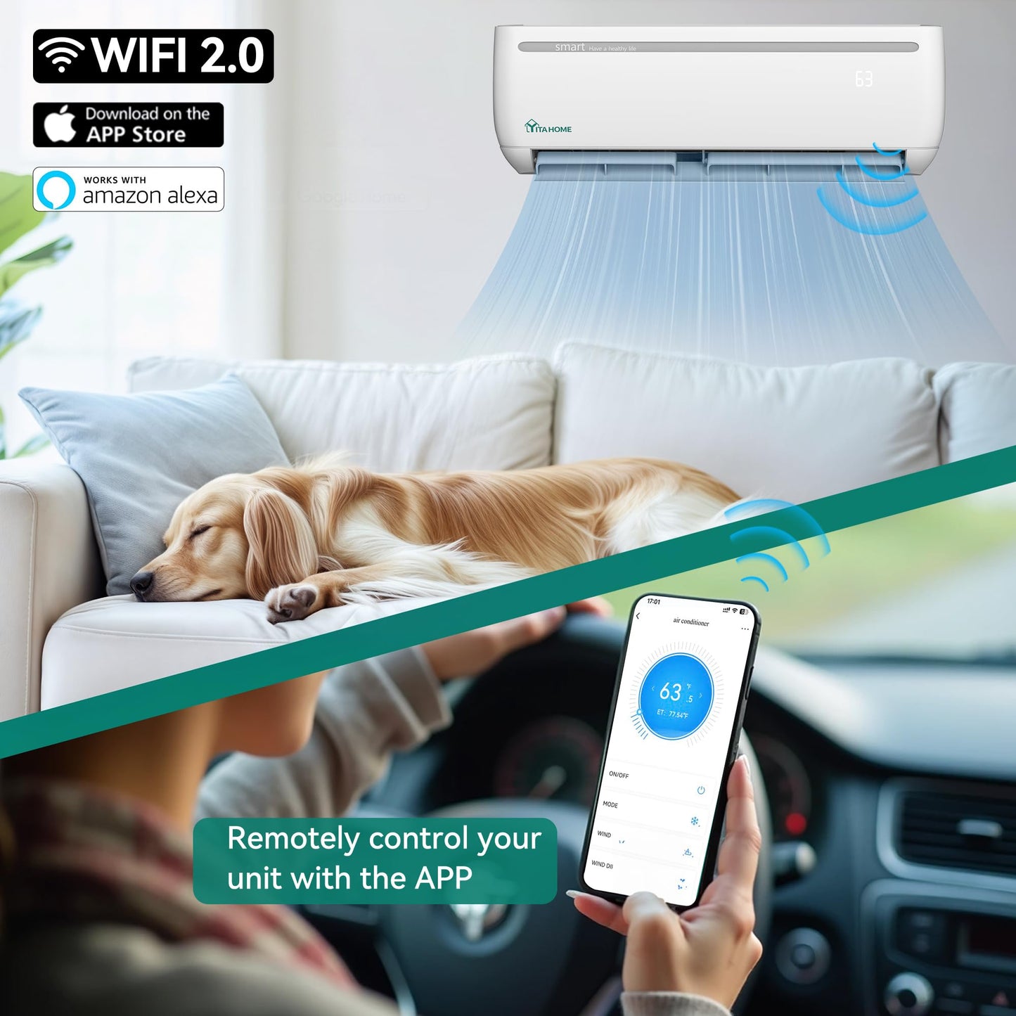 YITAHOME 12000 BTU Mini Split AC Heating System, 20 SEER2 115V Ductless Air Conditioner with Wi-Fi & Alexa Compatibility, Covers Up to 750 Sq. Ft, Energy Efficient Inverter AC with Heat Pump