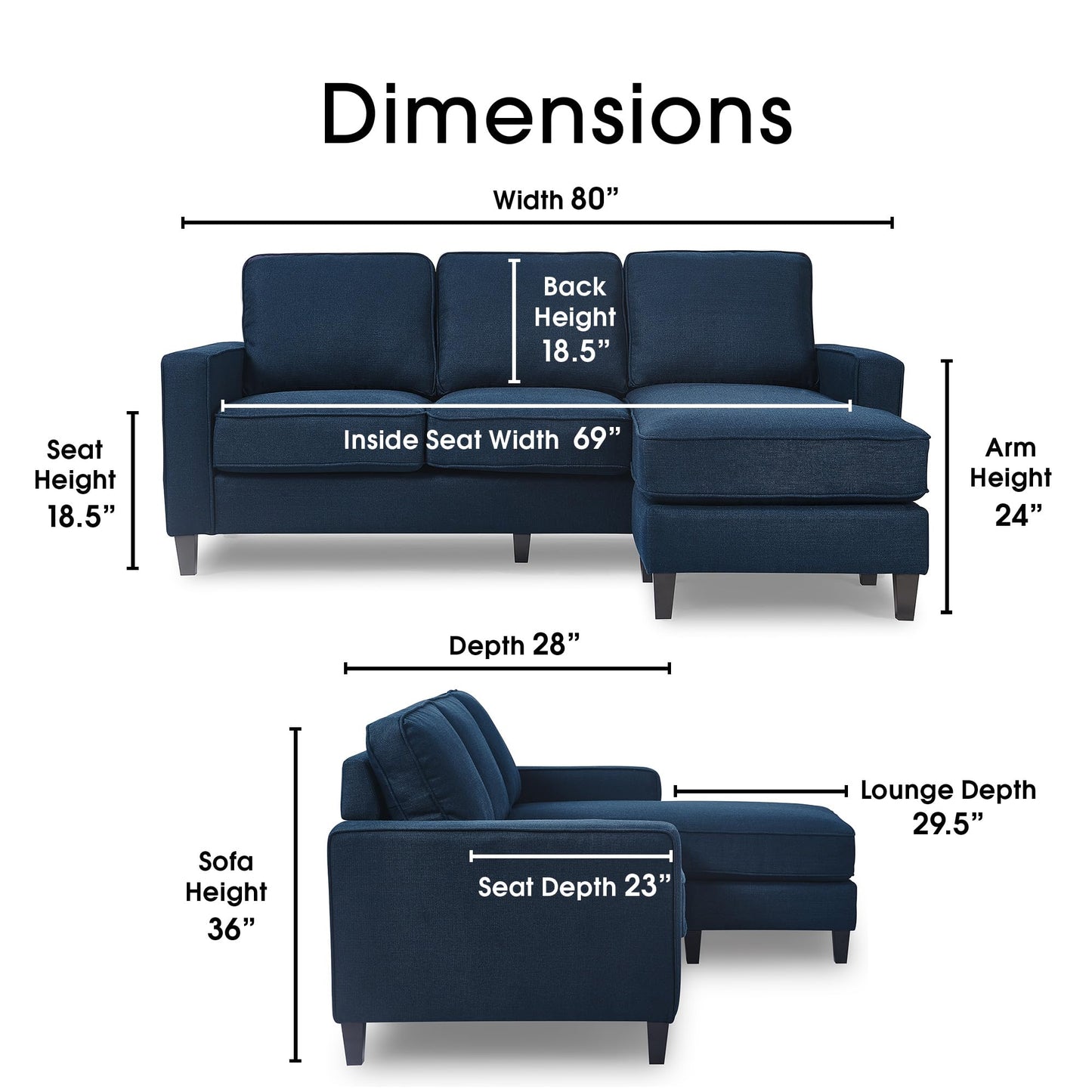 Serta Harmon Reversible Sectional Sofa, Modern L-Shaped Couch for Small Spaces, Soft Fabric Upholstery, Square Arm, Pillow Back Cushions, Blue