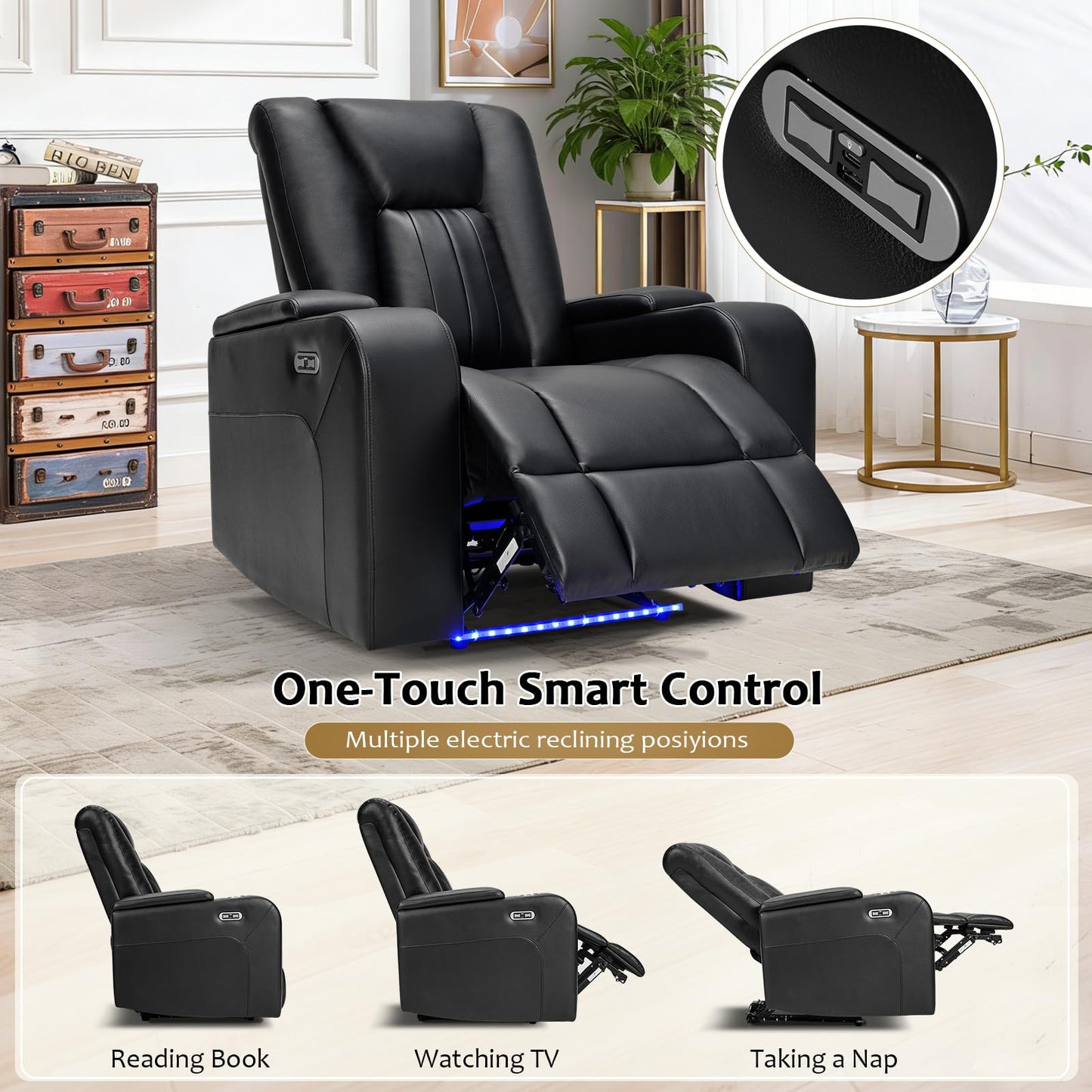 ANJ Home Theater Seating Power Recliner Chair with Hidden Arm Storage, Faux Leather Recliners with LED Light, Electric Movie Reclining Sofa with USB Ports & Cup Holders for Media Living Room, Black