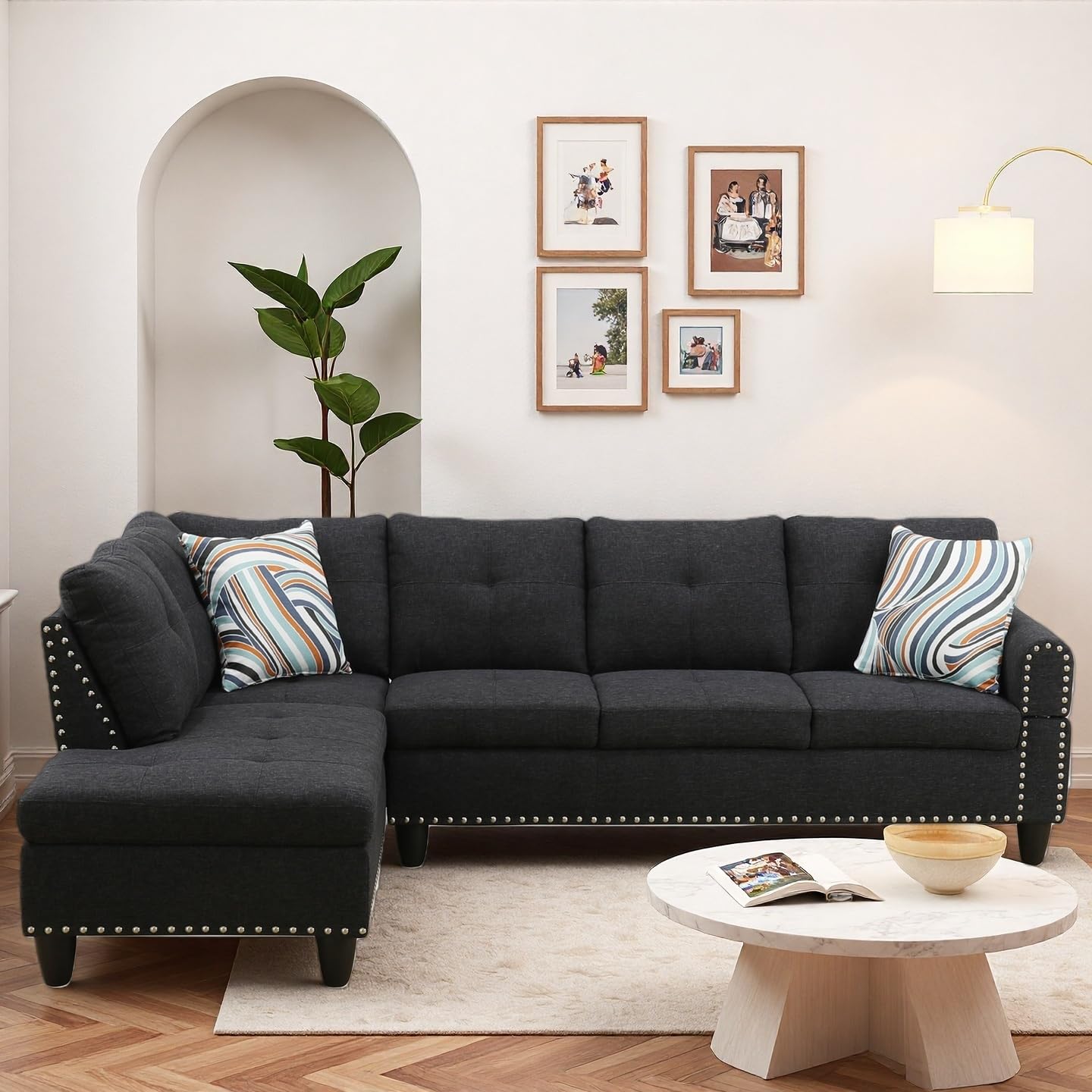 Trygoal Modern L-Shaped Sectional Sofa with Cup Holder, 4-Seater Fabric Couch with Chaise Lounge, for Living Room, Apartment, Studio, Easy Assembly, Black