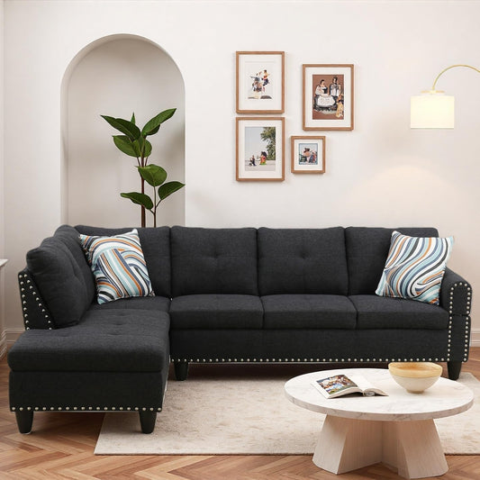 Trygoal Modern L-Shaped Sectional Sofa with Cup Holder, 4-Seater Fabric Couch with Chaise Lounge, for Living Room, Apartment, Studio, Easy Assembly, Black