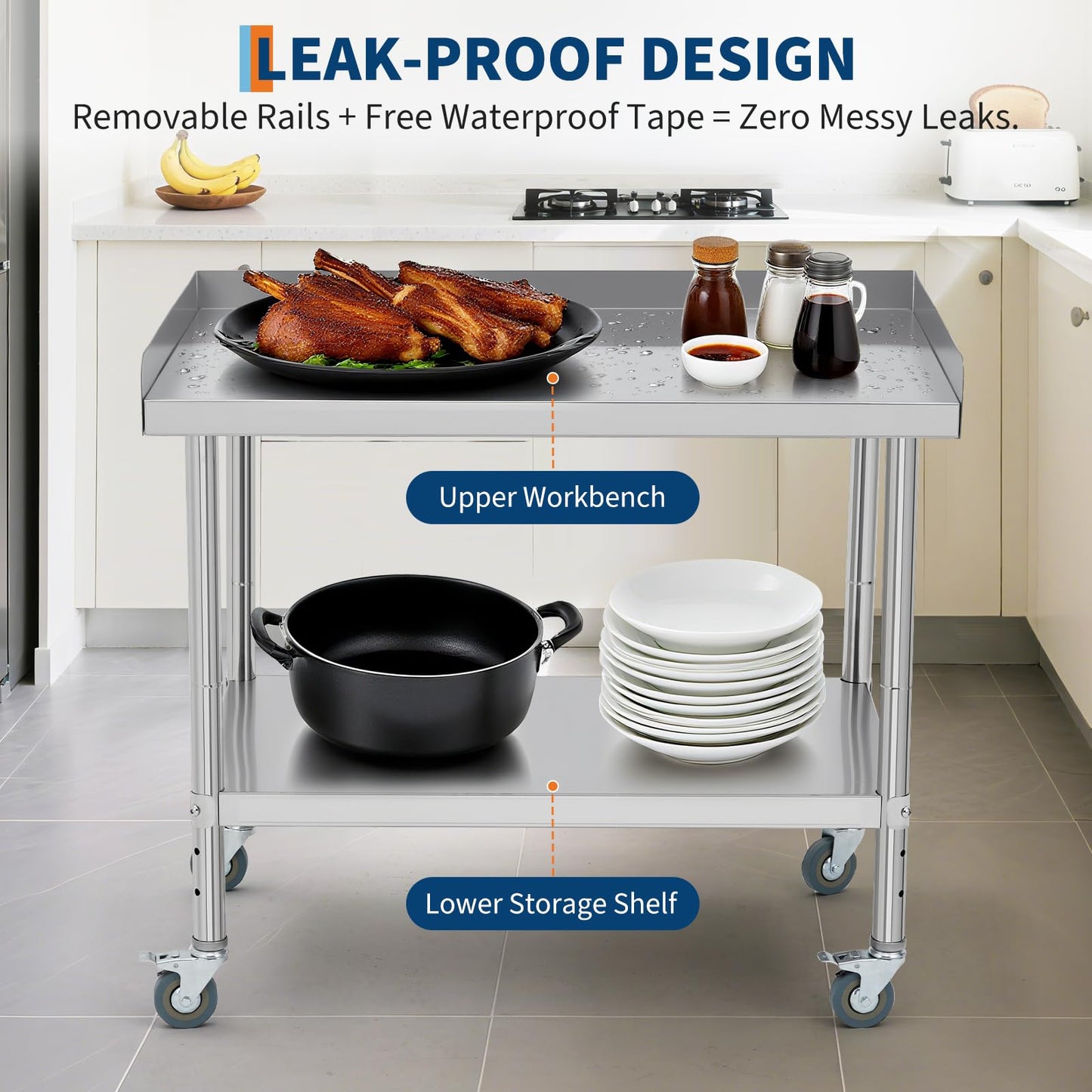 MilleLoom 36"x30"x30" Stainless Steel Grill Stand Table, NSF Certified, 3-Sided 2" Backsplash, Adjustable Legs & Wheels, 660 lbs Capacity, Equipment Stand for Restaurant, Hotel, Home Kitchen