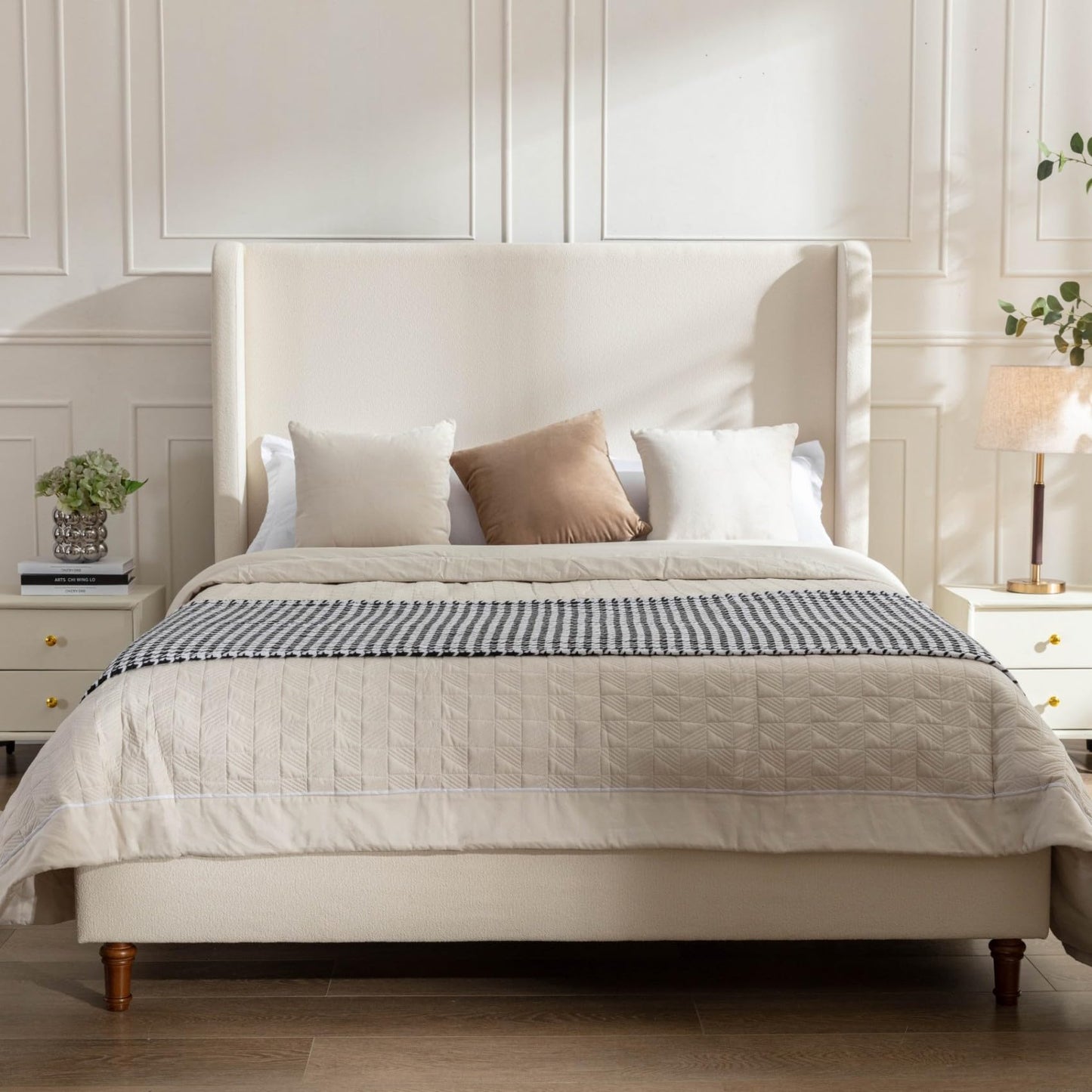 KEIKI Boucle California King Size Bed Frame, 54" Tall Headboard Upholstered Platform BedFrame with Wingback, Elegant Simplicity, No Box Spring Needed, Solid Oak Wood Feet, Ivory