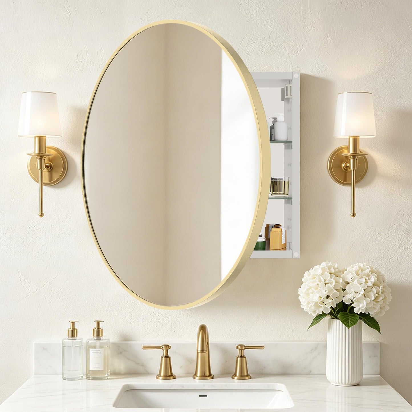 WallBeyond Bathroom Medicine Cabinet with Mirror, 28 Inch Gold Round Mirror Medicine Mabinet Wall Mounted with Aluminum Alloy Metal Framed, Surface Mount Medicine Cabinet with Storage
