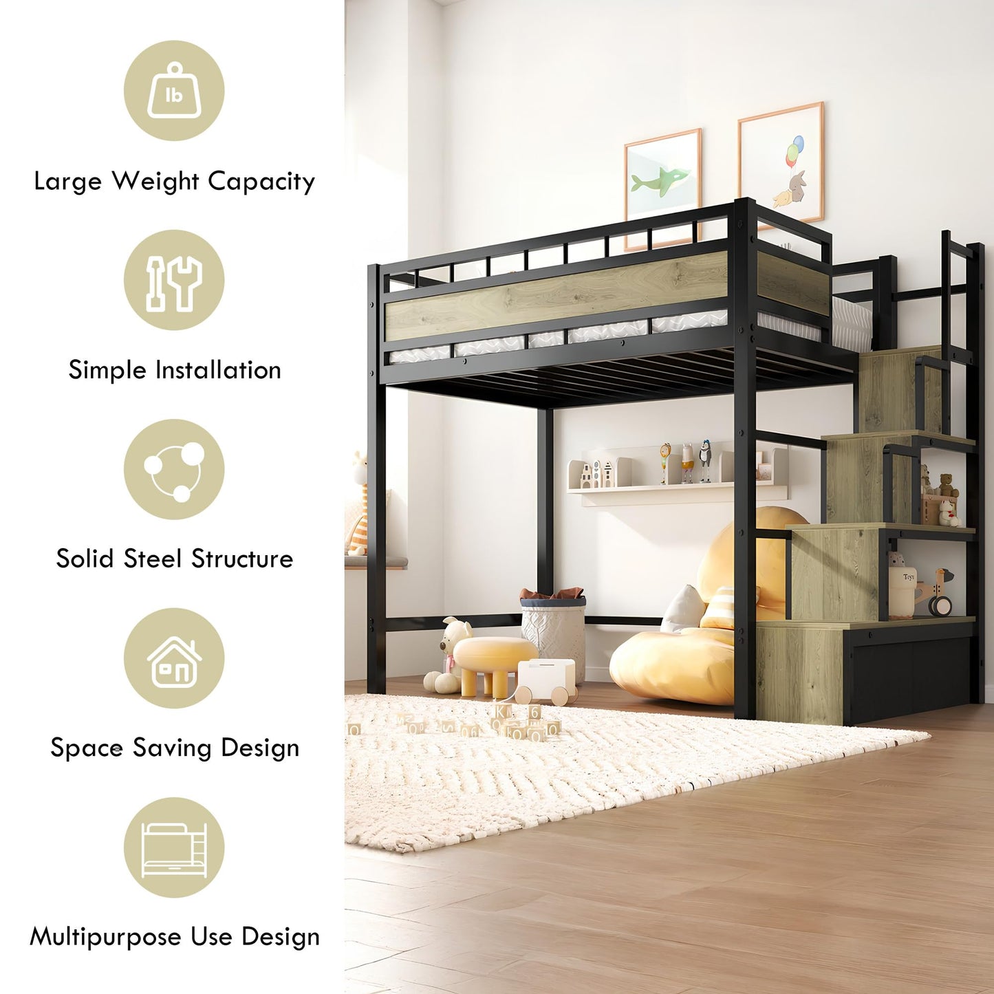 SDHYL Twin Size Loft Bed, with Storage Stairs & Drawers,Space-Saving Heavy-Duty Metal Bed Frame, No Box Spring Needed, Ideal for Dorms and Small Rooms, Easy Assembly, Black