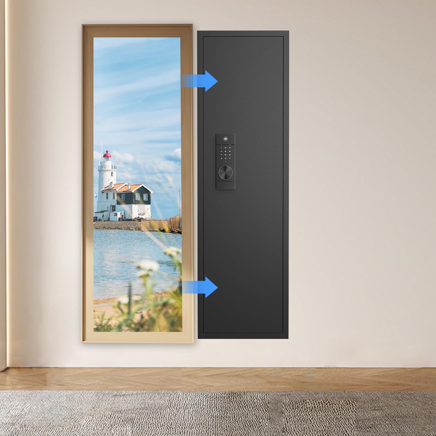 kavey 53.15" Wall Safe Between the Studs, Digital Hidden Safe with LCD Backlit Keypad, Large Wall Gun Safe with 3 Adjustable Shelves & Magnetic Slot for Home (Black-Digital)