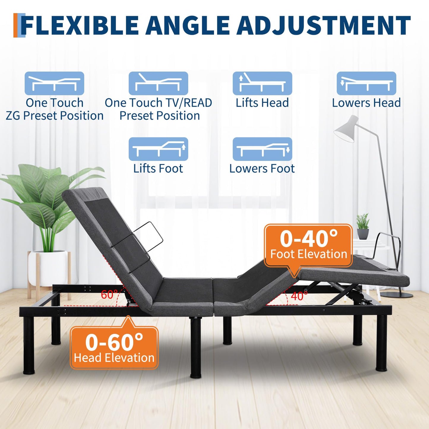 MilleLoom Adjustable Bed Frame with Massage, Twin XL Adjustable Bed Base with 1 USB Port & Under-Bed Night Light, Head & Foot Incline, Electric Bed Frame with 4 Height Options, Black