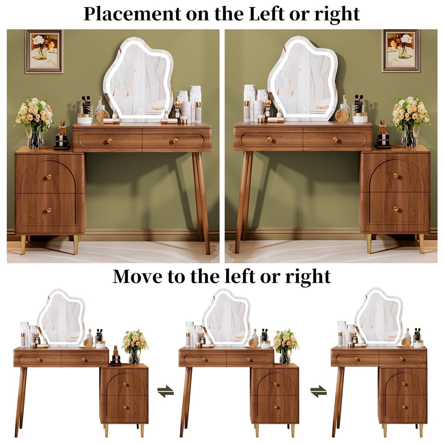 Chrangmay Walnut Stylish Corner Makeup Vanity Table，Vanity Desk with Lighted Mirror and 4 Spacious Drawers,Bedroom Essential Dressing Table with Nightstand，Modern Minimalist Writing Desk for Girls
