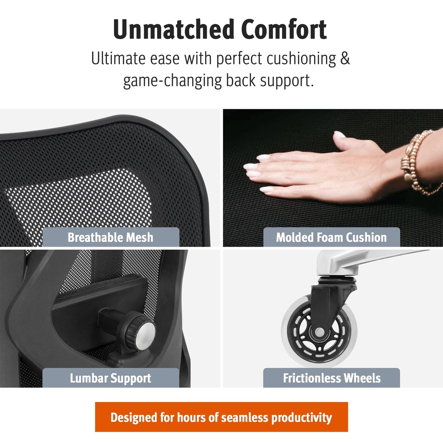 Duramont Ergonomic Office Chair | Adjustable Desk Chair with Lumbar Support and Rollerblade Wheels | High Back Chair with Breathable Mesh | Thick Seat Cushion