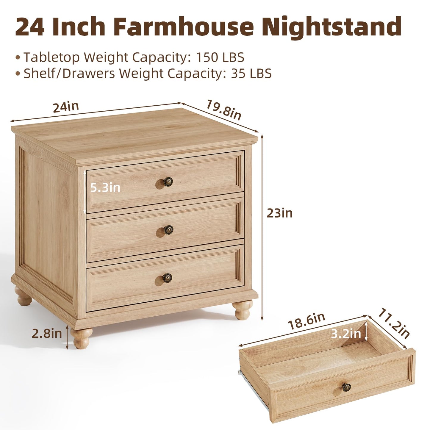 Joaxswe 24" Wide Farmhouse Night Stand Set of 2,Large End Table with 3 Drawers & Metal Handle,Natural Wood Dresser for Bedroom Cabinet, Bed Side Table Chest of Drawers,Nightstand for Living Room