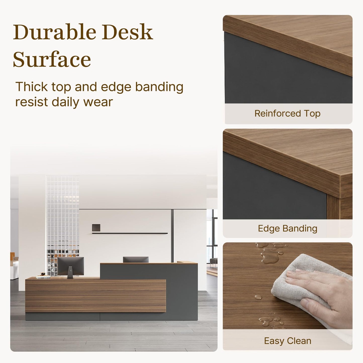 Nuipesn 87" Modern L-Shaped Reception Desk, Front Desk Counter with Drawer, Keyboard Tray and Storage Shelves, Left Layout, Dark Walnut