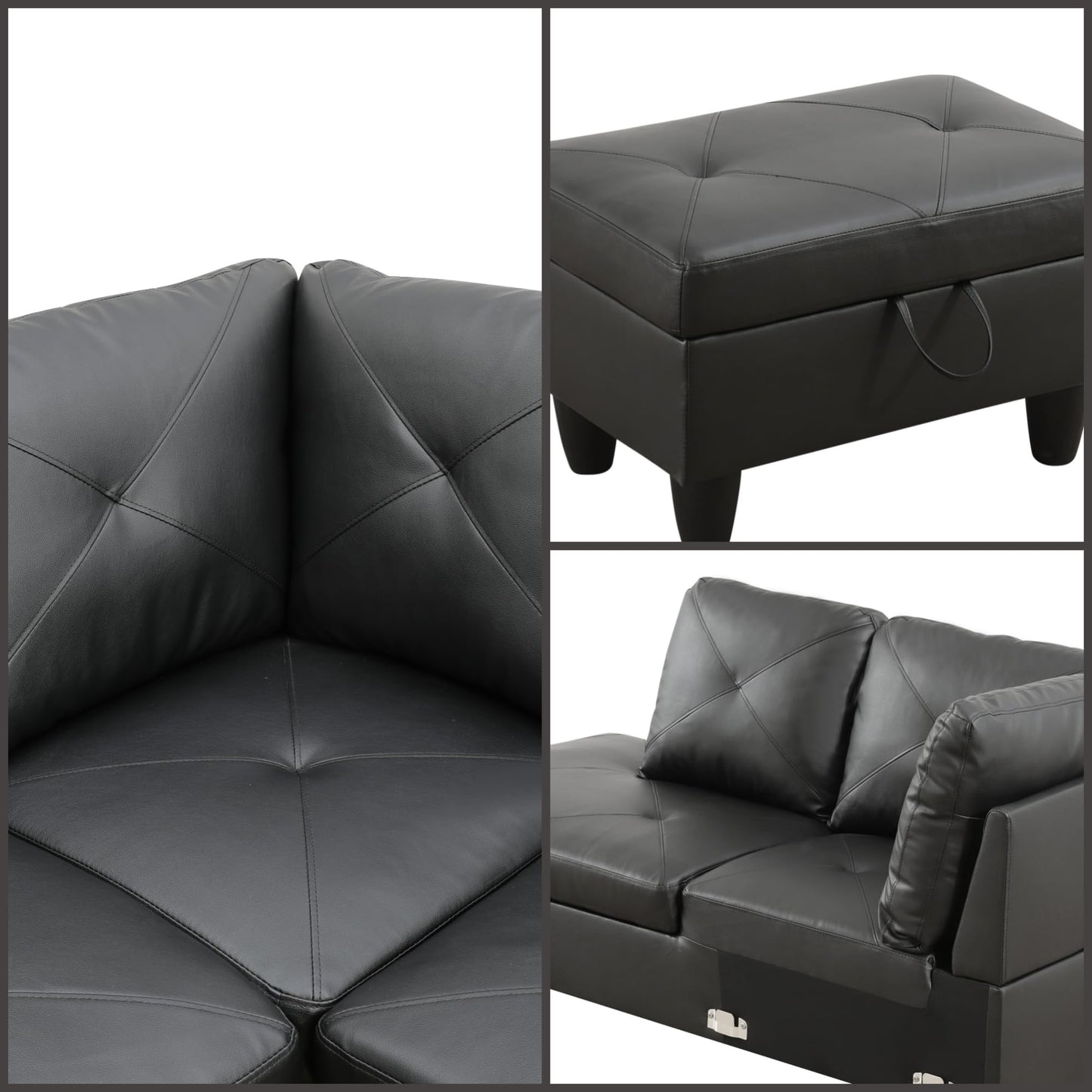 Trygoal 97" L-Shaped Sectional Sofa with Movable Chaise & Storage Ottoman, Leather 3-Piece Modular Convertible Couches for Living Room, Black