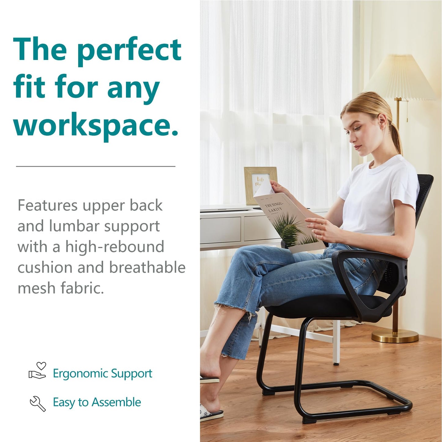 DUMOS Office Desk Chair with Sled Base Set of 4, Ergonomic Executive Mesh Computer Chairs with Lumbar Support for Home Bedroom Waiting Reception Guest Student