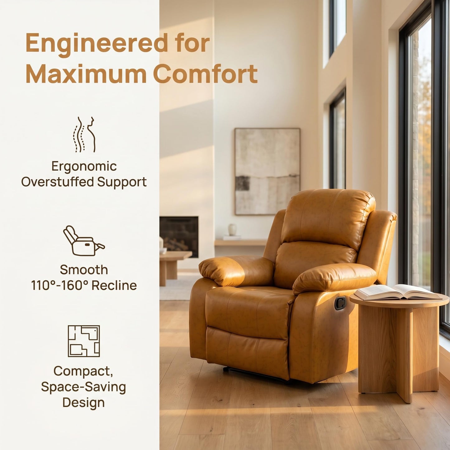 Trygoal Manual Recliner Chair, Nursery Rocking Chair, Recliner Chair for Adults, Lazy Boy, Gaming Recliner wih Overstuffed Arms, Suitable for Home Theater, Living Room, Bedroom, Ginger
