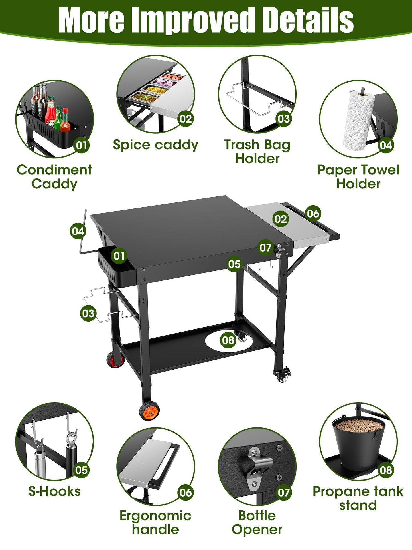 Outdoor Pizza Oven Table, Movable Grill Side Table, Expansive Countertop Pizzas Oven Accessories, Pizzas Stands for Party with Wheels, Fits Ooni Blackstone Ninja Cuisinart Gozney