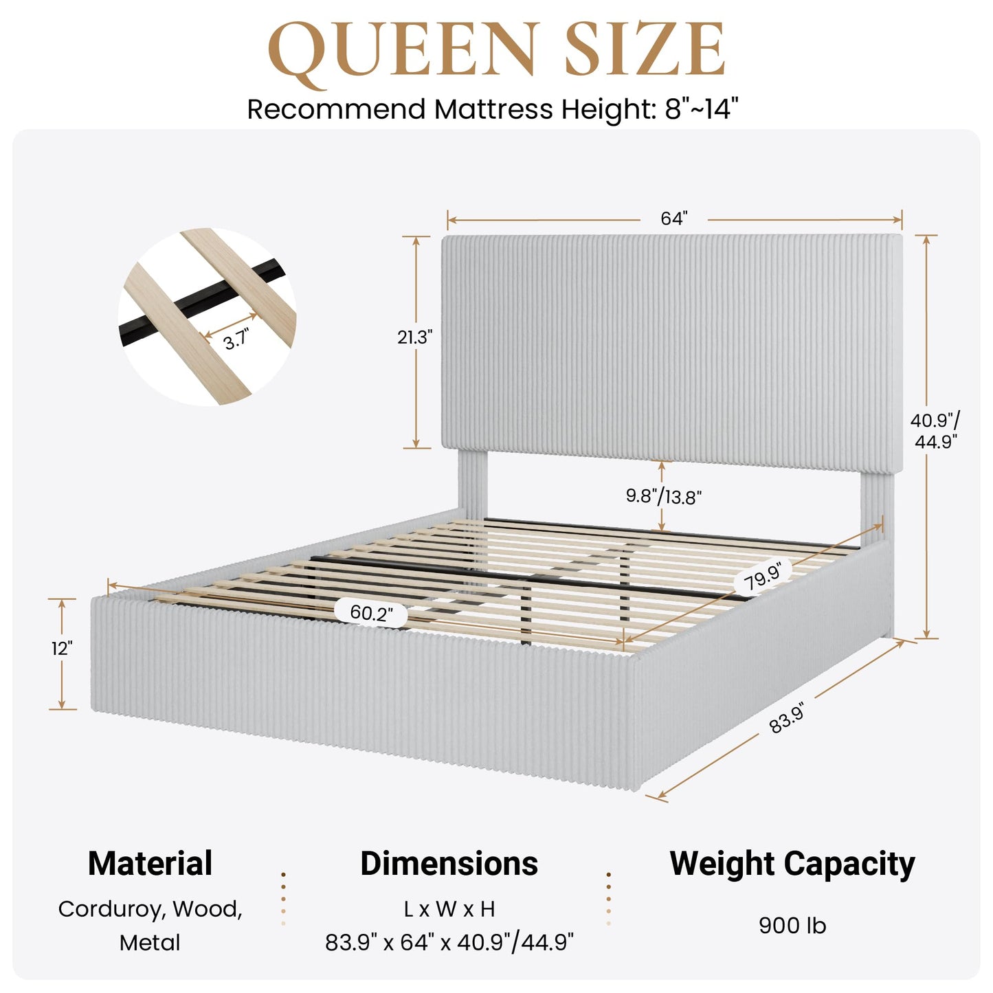 SHA CERLIN Queen Bed Frame, Corduroy Upholstered Platform Bed, Adjustable Vertical Channel Tufted Headboard, Modern Low Profile Frame, No Box Spring Needed, Easy Assembly, Light Grey