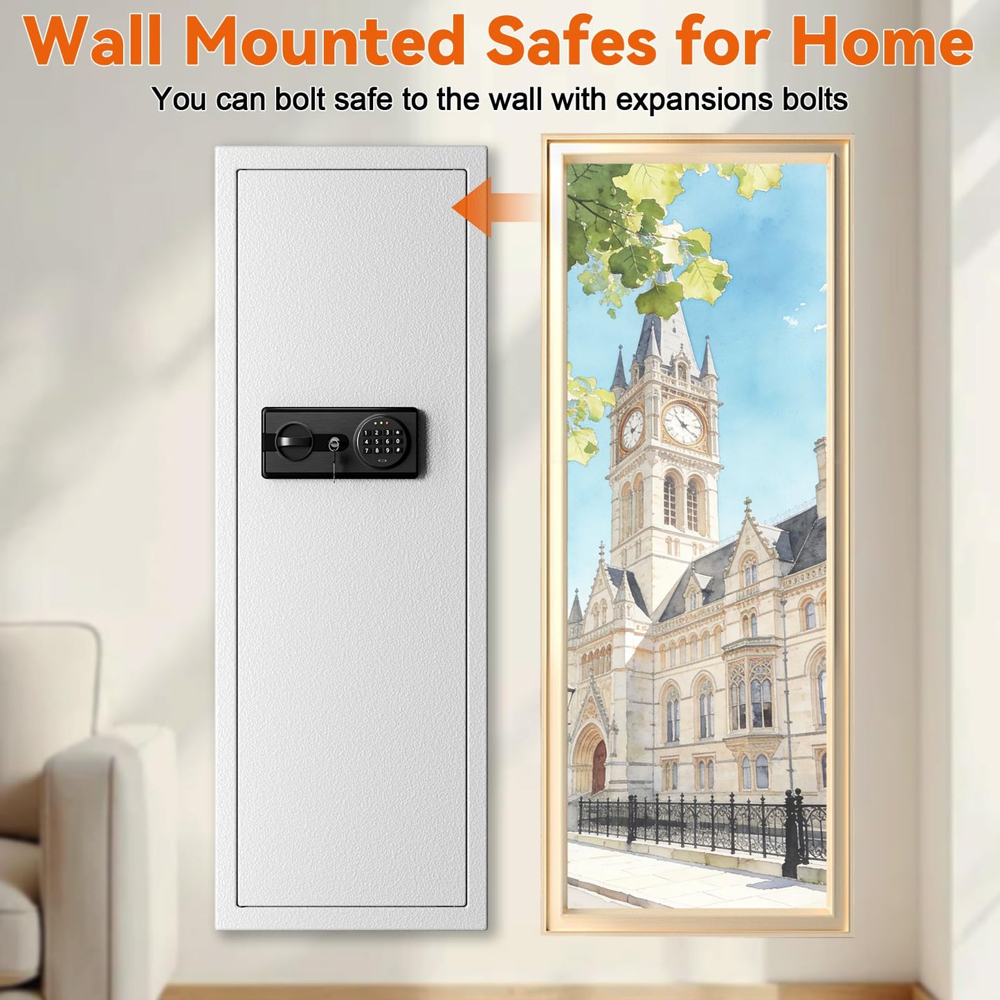 Heavy Duty Fireproof Wall Safes Between the Studs, Extra Large Fire Security Wall Safe with Digital Keypad lock and 3 Removable Shelf, Wall Rifle Safe Fireproof for Home, Gun, Cash, Documents, Jewelry