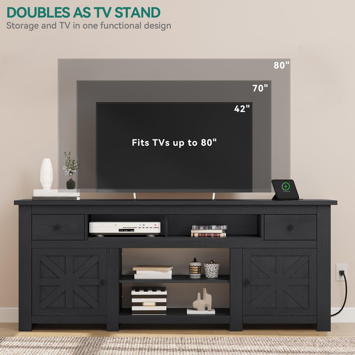 YITAHOME TV Stand for 75/80 Inch TV, Entertainment Center, TV Cabinet with Drawers and Power Outlet, Black TV Console for Living Room Furniture (70 Inch Lenght 30 Inch High)