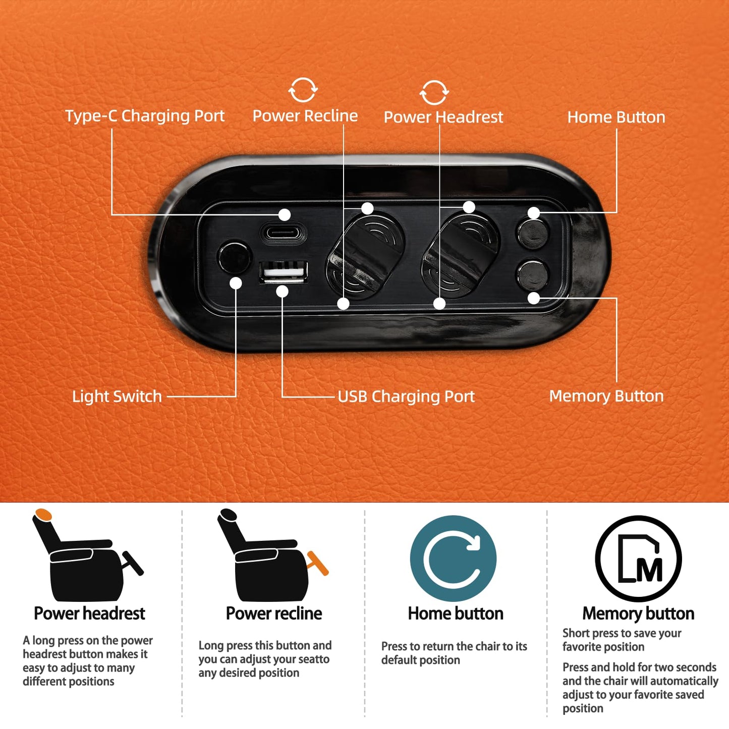 comfiroom Home Theater Seating Simple Style Top Grain Nappa Leather Recliner Sofa Dual Power Movie Theater Chairs with Tray Table Type-C USB Charger (Orange, Row of 2)