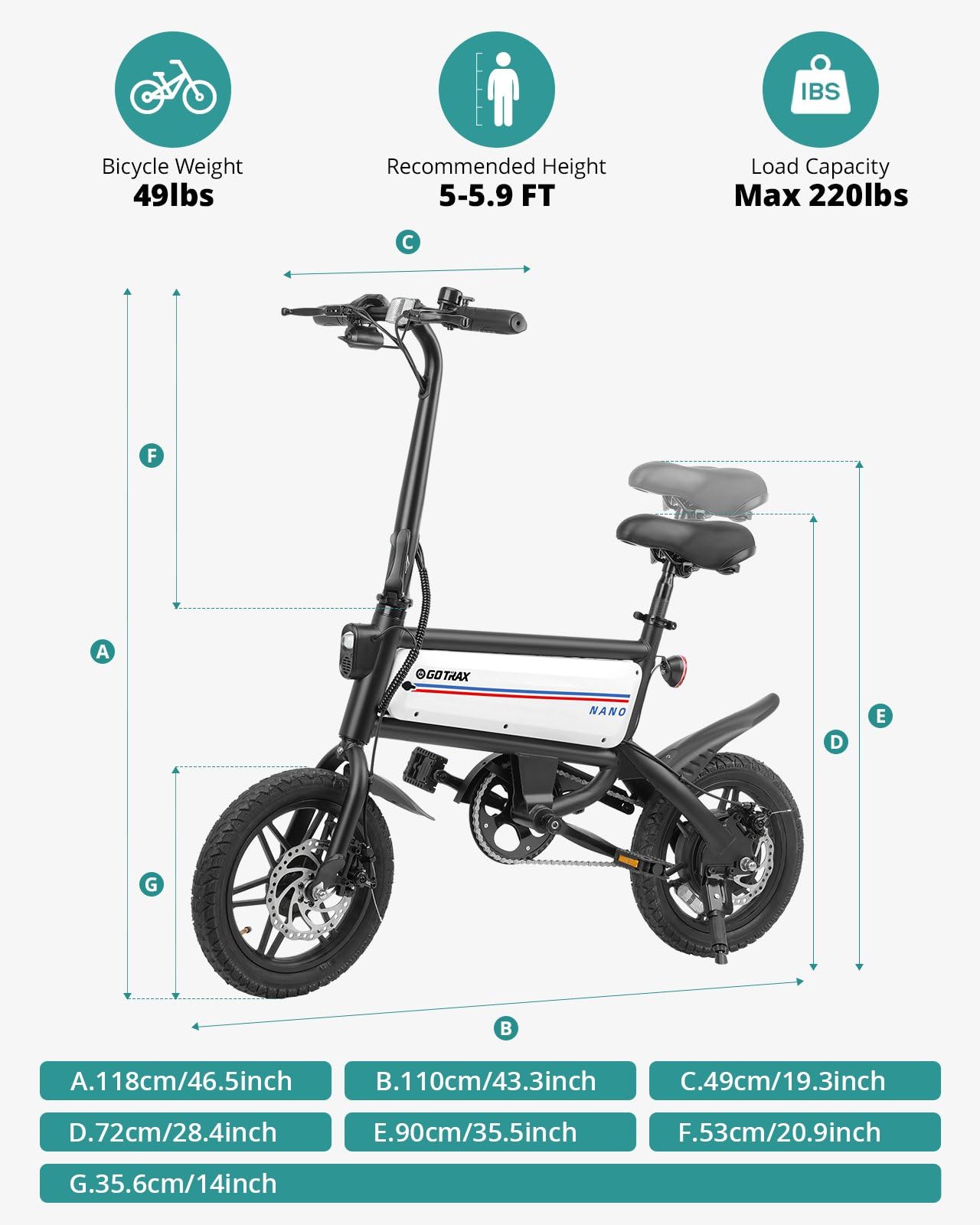 Gotrax Nano 14" Folding Electric Bike, Max Range 25Miles(Pedal-Assist) & Max Speed 15.5Mph, Power by 350W Motor, Adjustable Seat & Dual Fenders, Commuter Electric Bicycle for Adults White