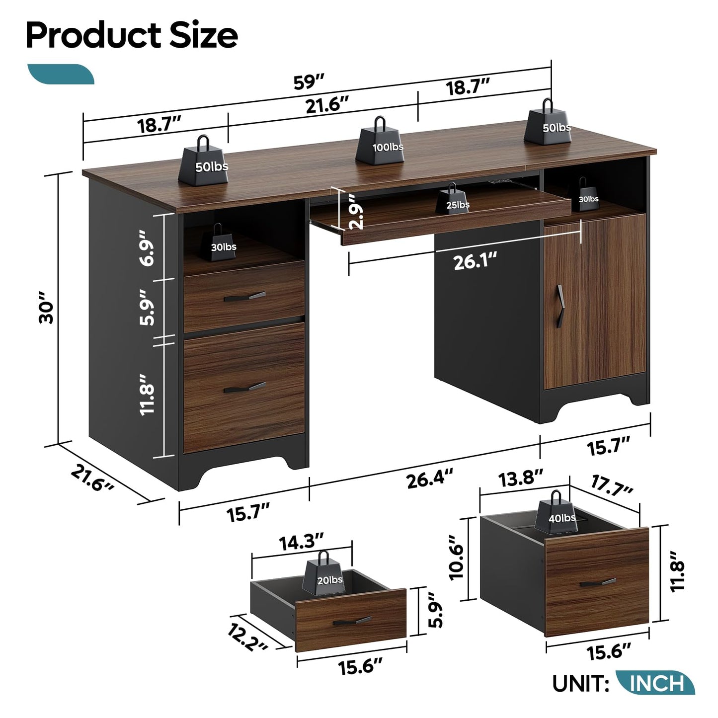 Bestier 59”Executive Desk with 2 Drawers,Computer Desk with Storage Cabinet,Industrial Wood Desk with File Drawer,Keyboard Tray & 2 Pedestals for Home Office & Studio,Cherry