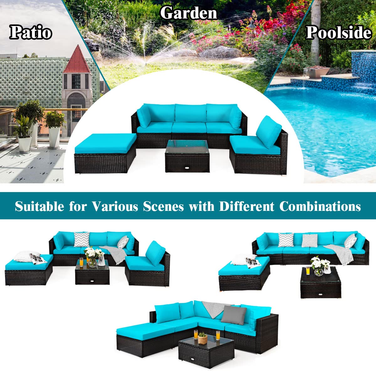 COSTWAY 6-Piece Outdoor Patio Furniture Set, Rattan Sectional Sofa Set with Tempered Glass Coffee Table, Cushions and Ottoman for Garden, Deck, Backyard (Turquoise)