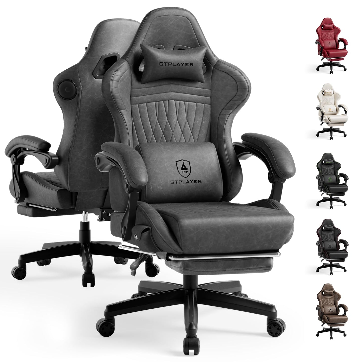 GTPLAYER ACE-PRO Music Gaming Chairs – Built-in Speakers, App Support & Bluetooth Control, Computer Game Chairs with Footrest for Adults, Ergonomic Reclining Silla, Linkage Armrest, Grey
