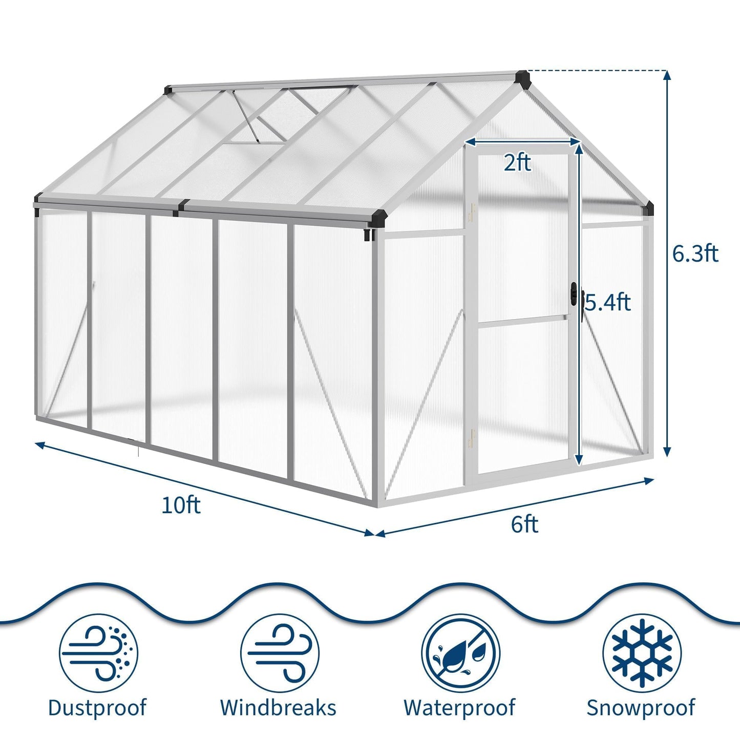 6X10 FT Greenhouse for Outdoors, Polycarbonate Flower Greenhouse with Roof Vent, Push-Pull Lockable Door, Aluminum Walk-in Greenhouses for Outside Garden Backyard, Patio, Lawn, Silver
