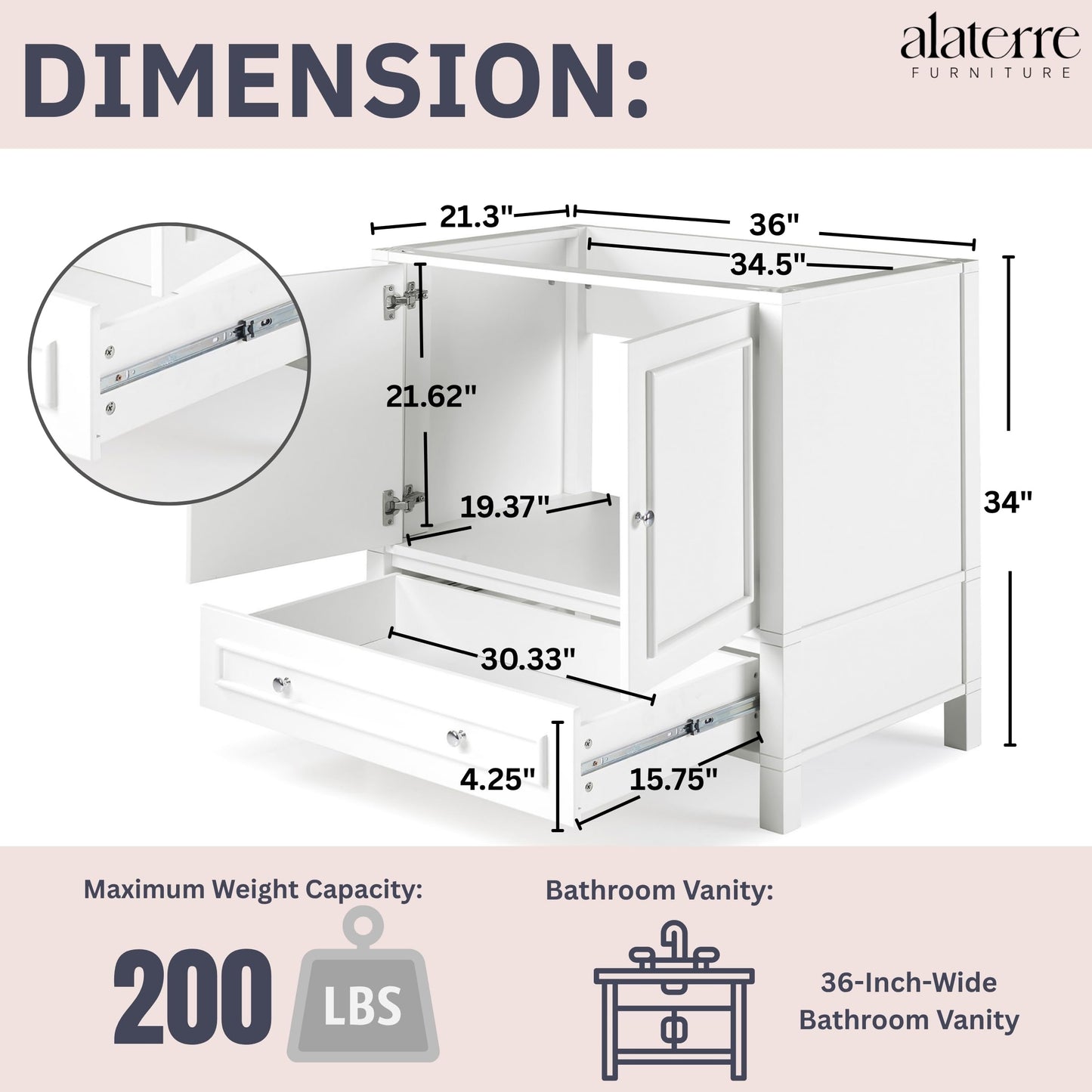 Alaterre Furniture Williamsburg 36 Inch Bathroom Vanity - Freestanding Cabinet Without Sink - Large Wood Vanity with Soft-Close Doors (White)